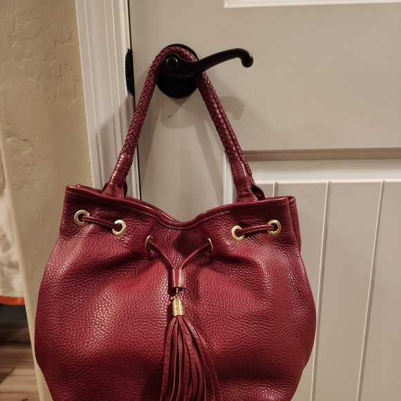 Red Leather Drawstring Shoulder Bag with Tassel